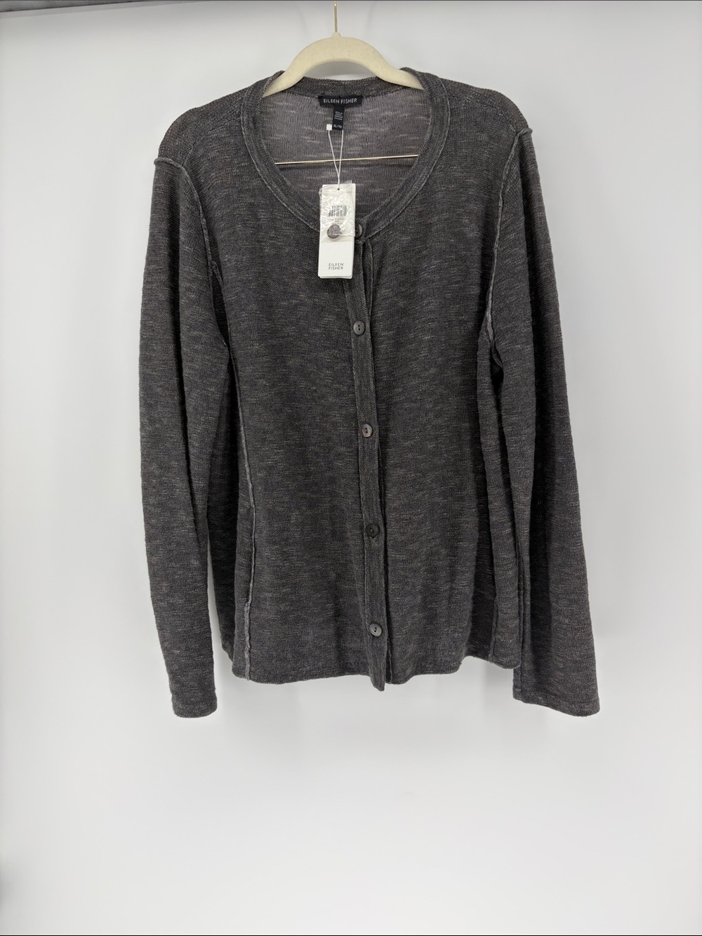 NWT Eileen Fisher Crew Neck Button Front Organic Linen Cotton Slub Sweater XL